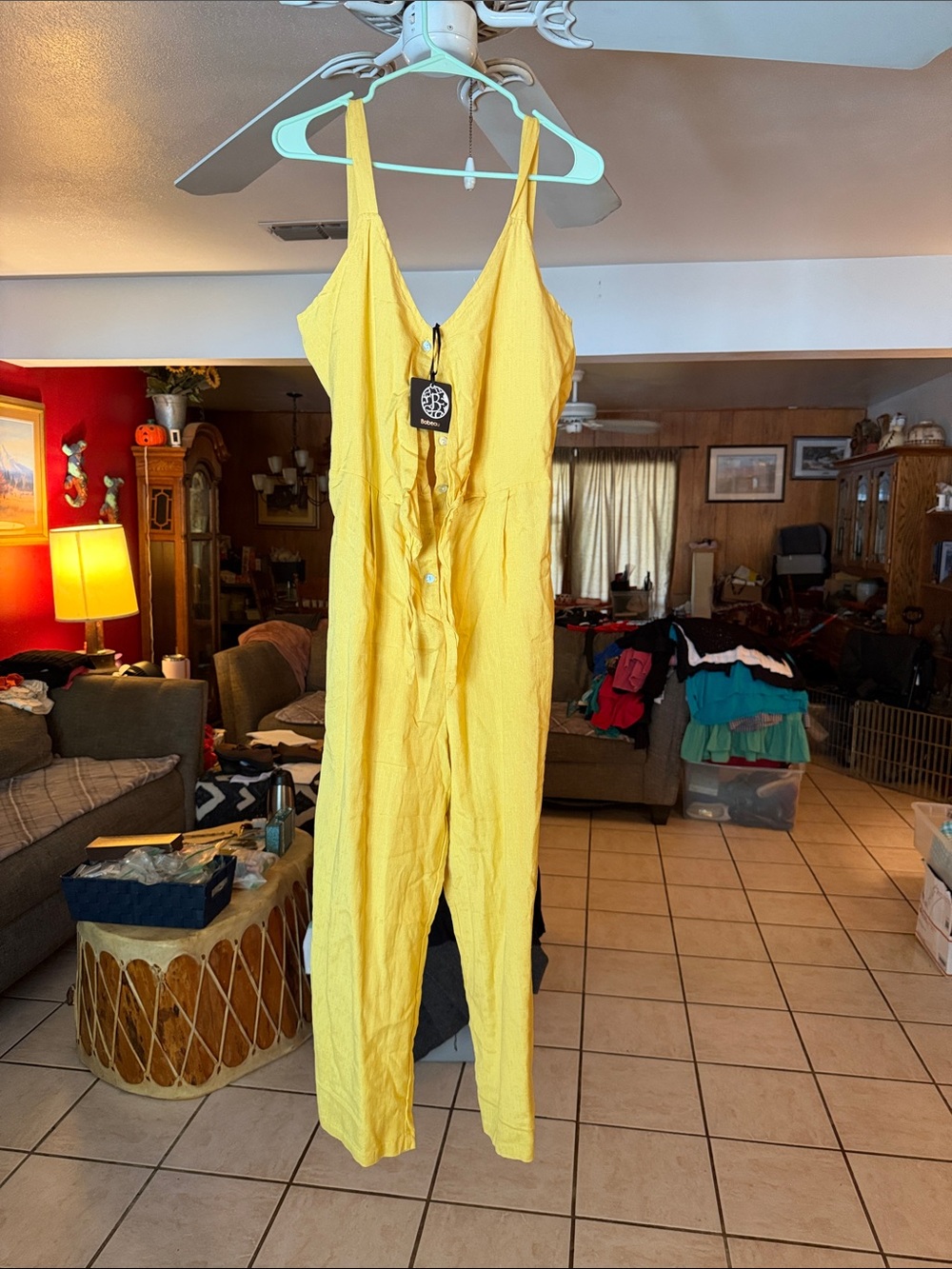 bobeau Bright Yellow Button-Front Sleeveless Jumpsuit